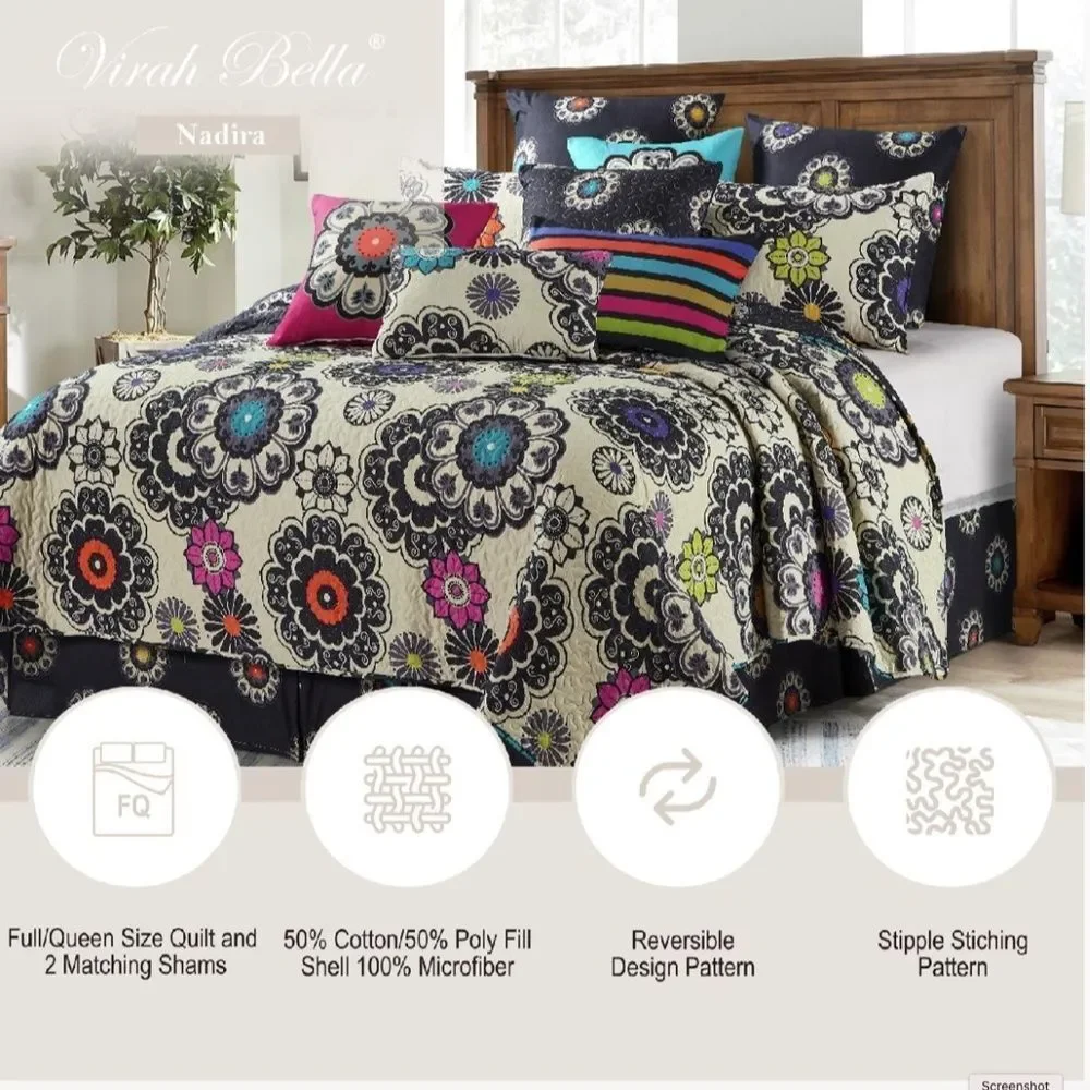 Boho Mandala Pattern Printed Queen Size Quilt Set Farmhouse Floral Cottage